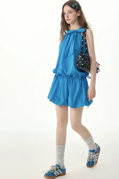 Blue Halter Bow Sleeveless Dress