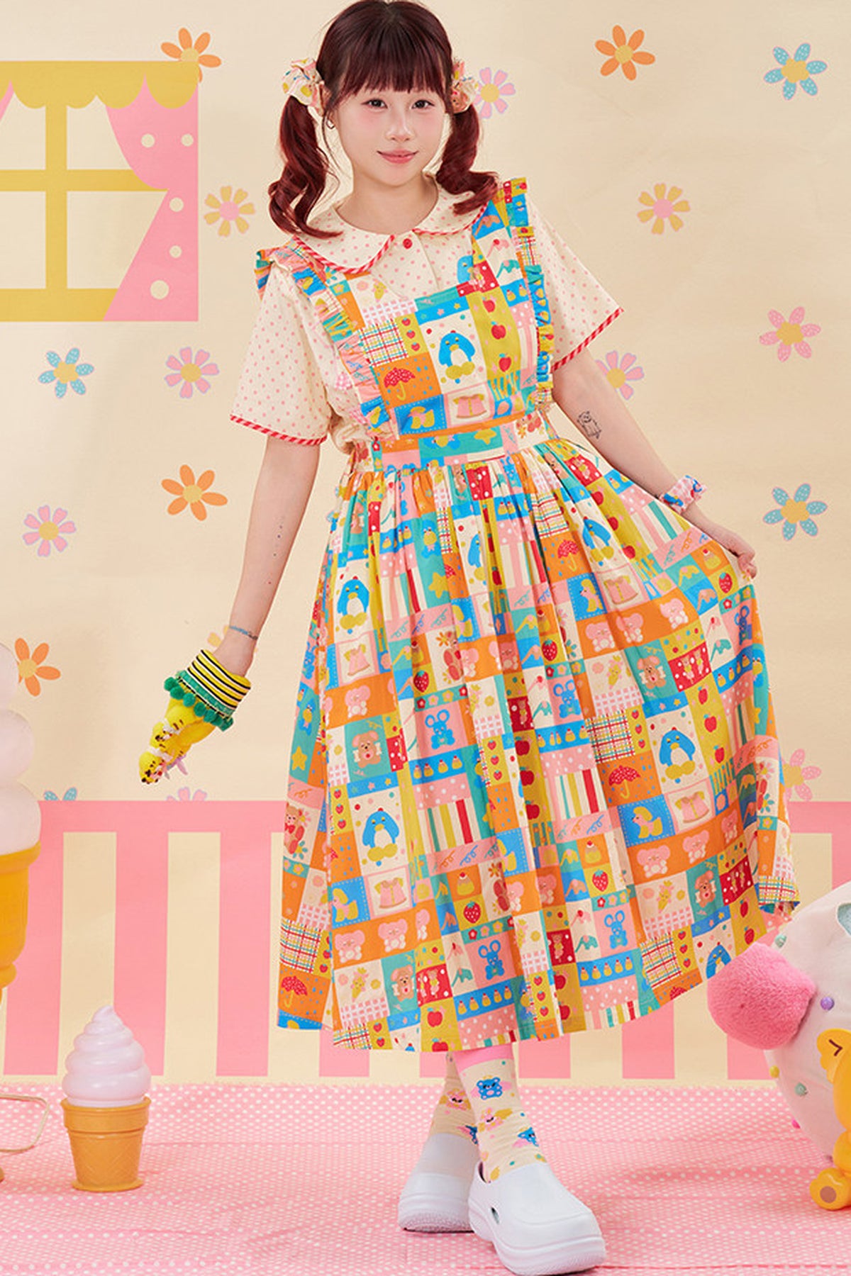 Colorful Patchwork Apron Pinafore Dress
