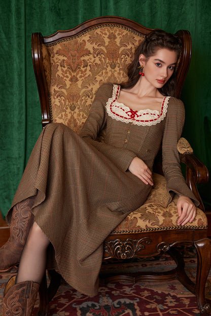 Houndstooth Long-Sleeve Fishbone Dress