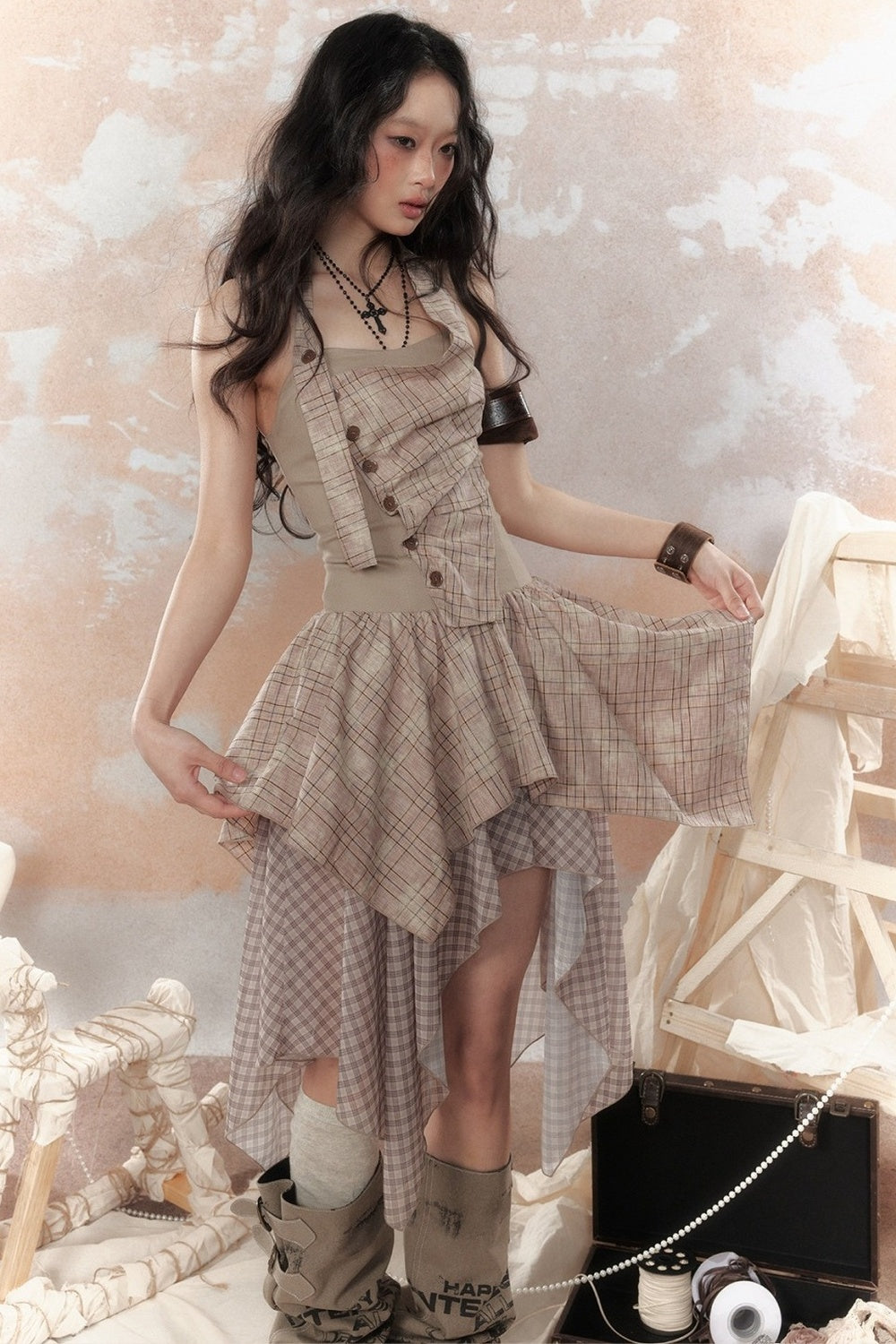 Plaid Asymmetrical Halter Dress