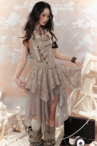 Plaid Asymmetrical Halter Dress