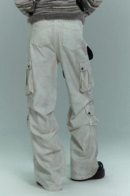 Dirty-Washed Multi-Pocket Wide-Leg Cargo Pants