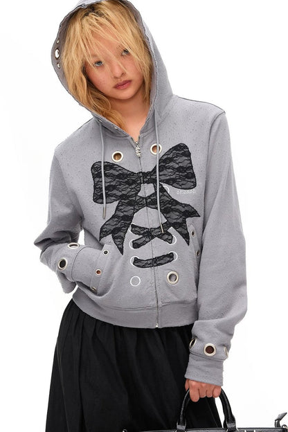 Distressed Lace Bow Hoodie