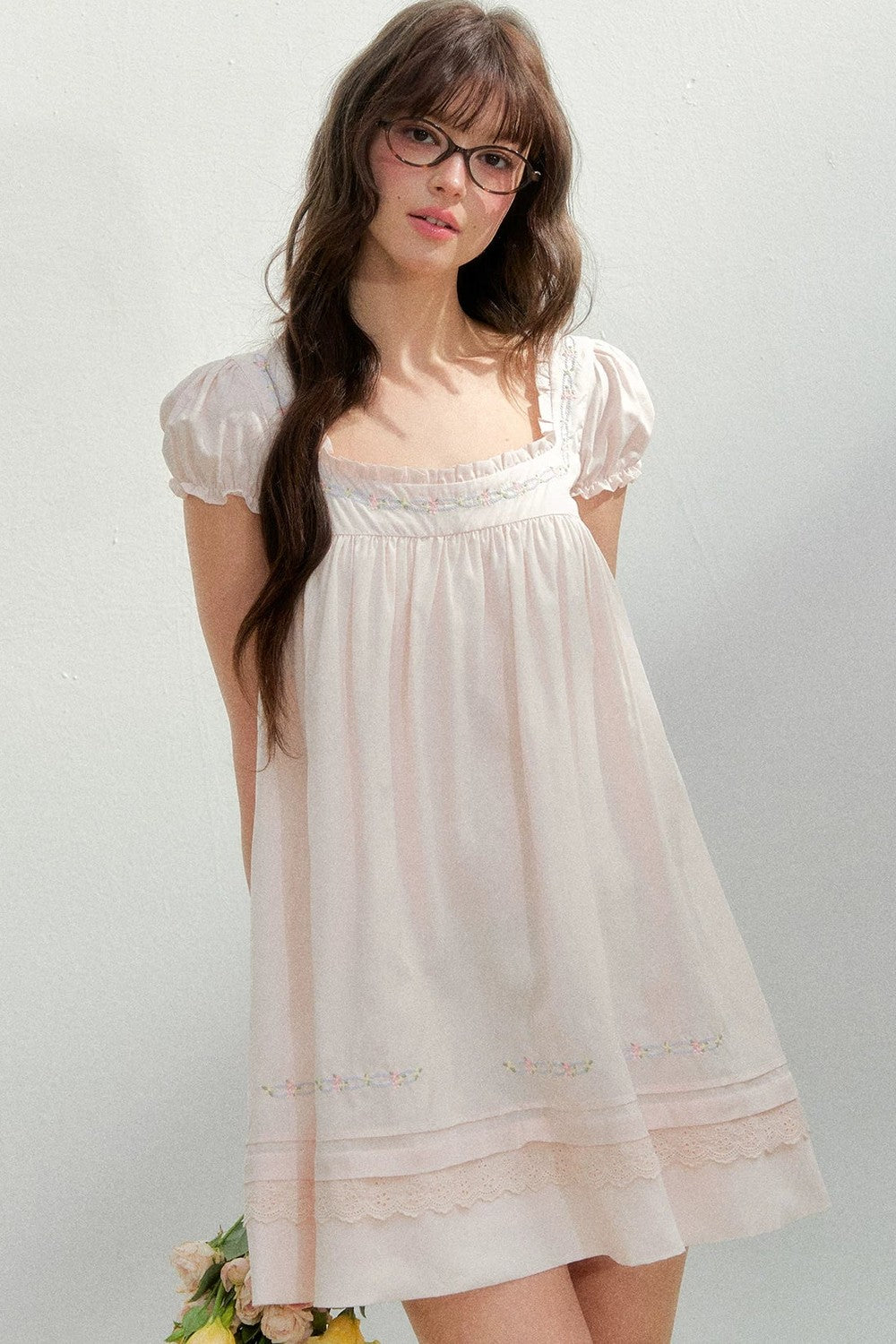 Square Neck Lace Embroidery Dress