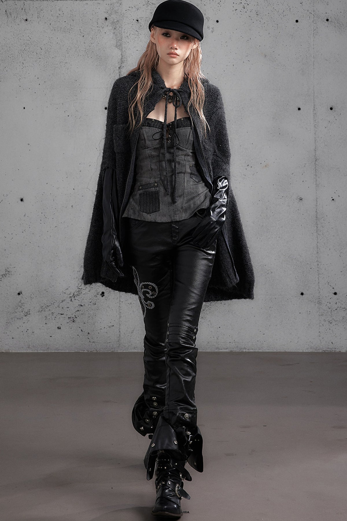 Punk Rock Embroidered Waxed Leather Pants