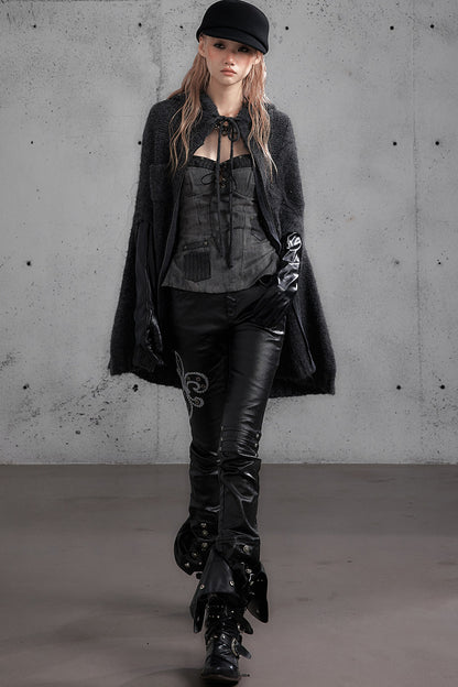 Punk Rock Embroidered Waxed Leather Pants