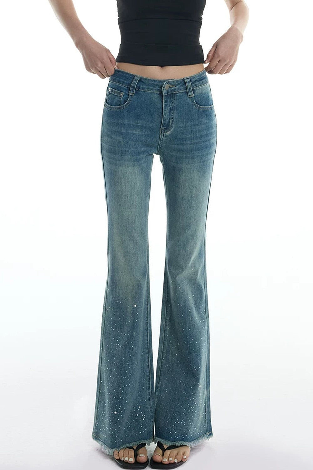 Schlag-Jeanshose mit Strass