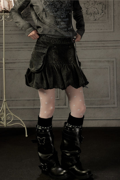 Black Denim Floral Puff Skirt