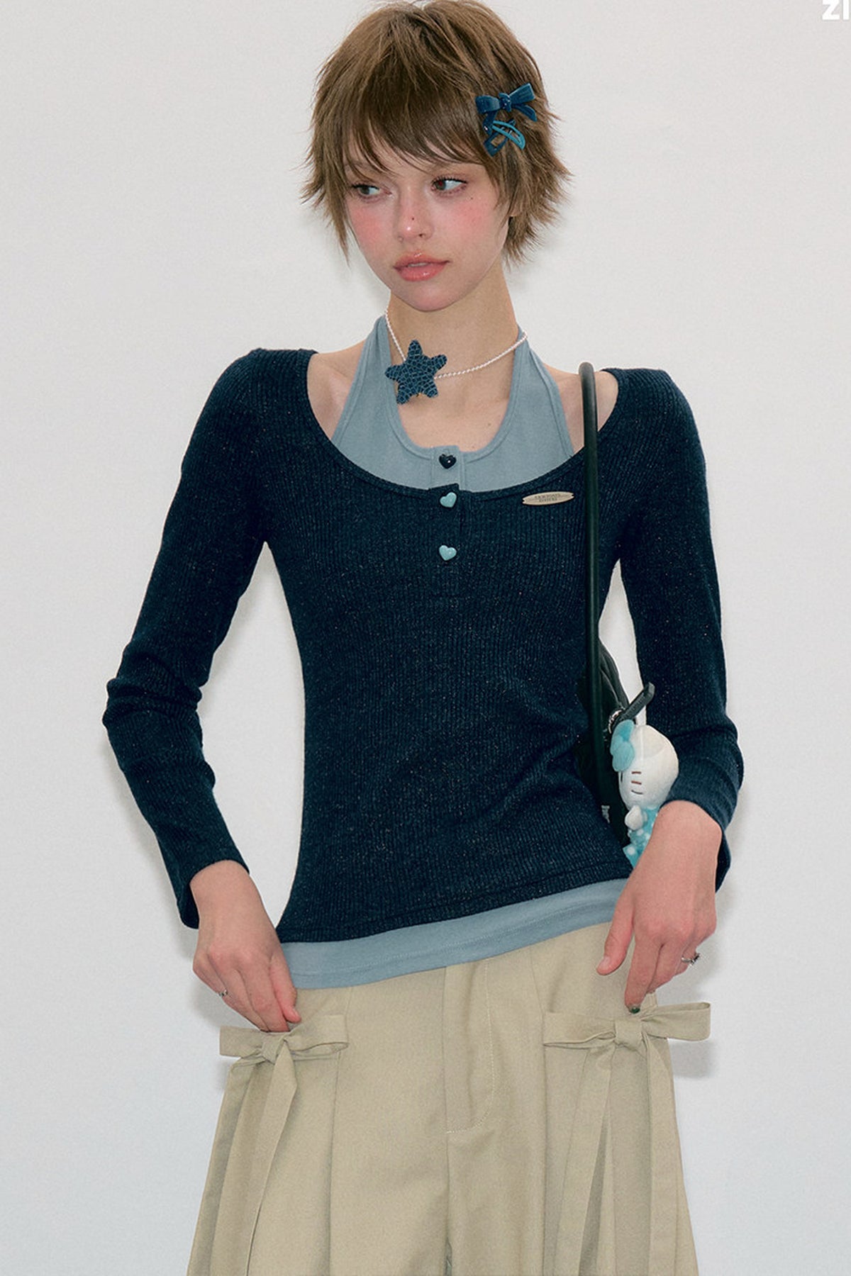 Layered-Look Long Sleeve Knit Top