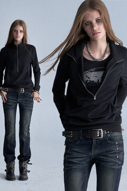 Black Long-Sleeve Zipper Print T-Shirt
