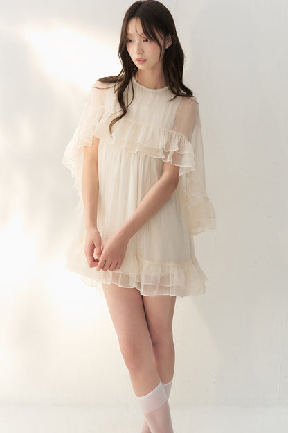 Beige Tulle Cape Ruffle Dress
