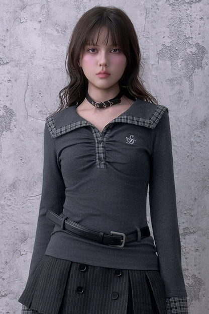 Gray Large Lapel Ruched Patchwork Top