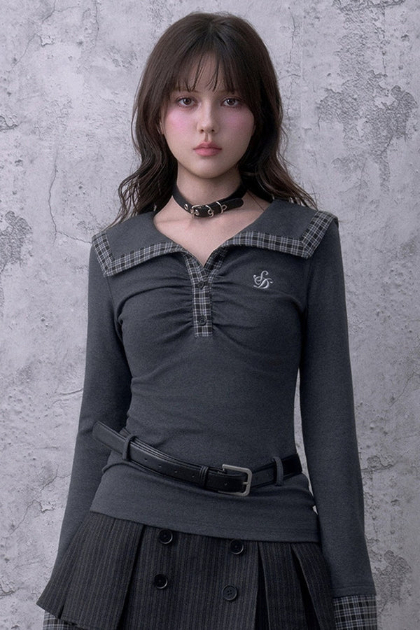 Gray Large Lapel Ruched Patchwork Top