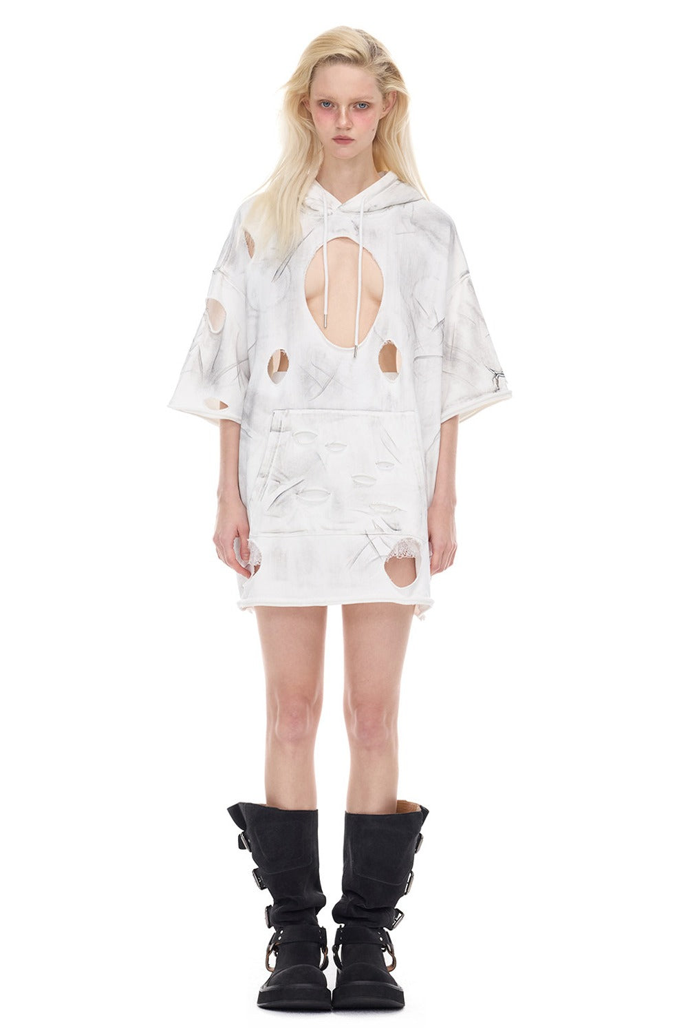 Loose Three-Dimensional Cut Ripped Hooded Sweatshirt