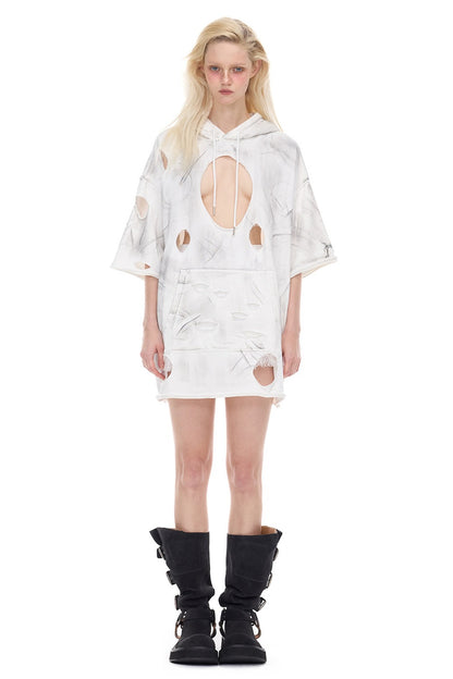 Loose Three-Dimensional Cut Ripped Hooded Sweatshirt