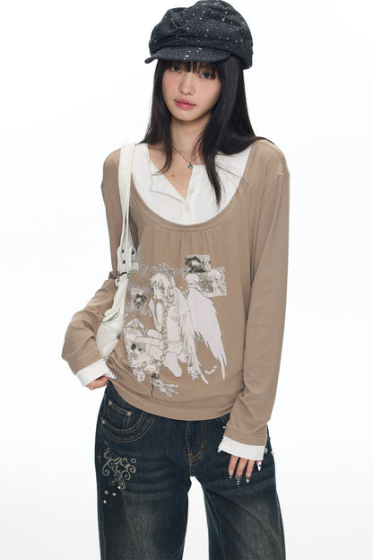 Brown Layered-Look Long Sleeve T-Shirt