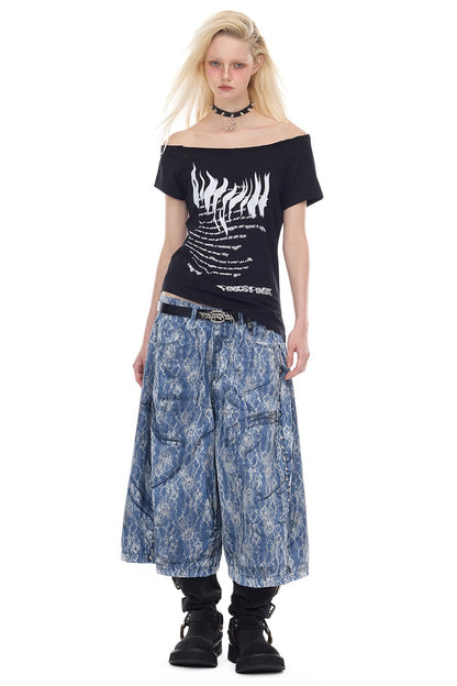 Rivet Structure Lace Denim Wide Leg Shorts