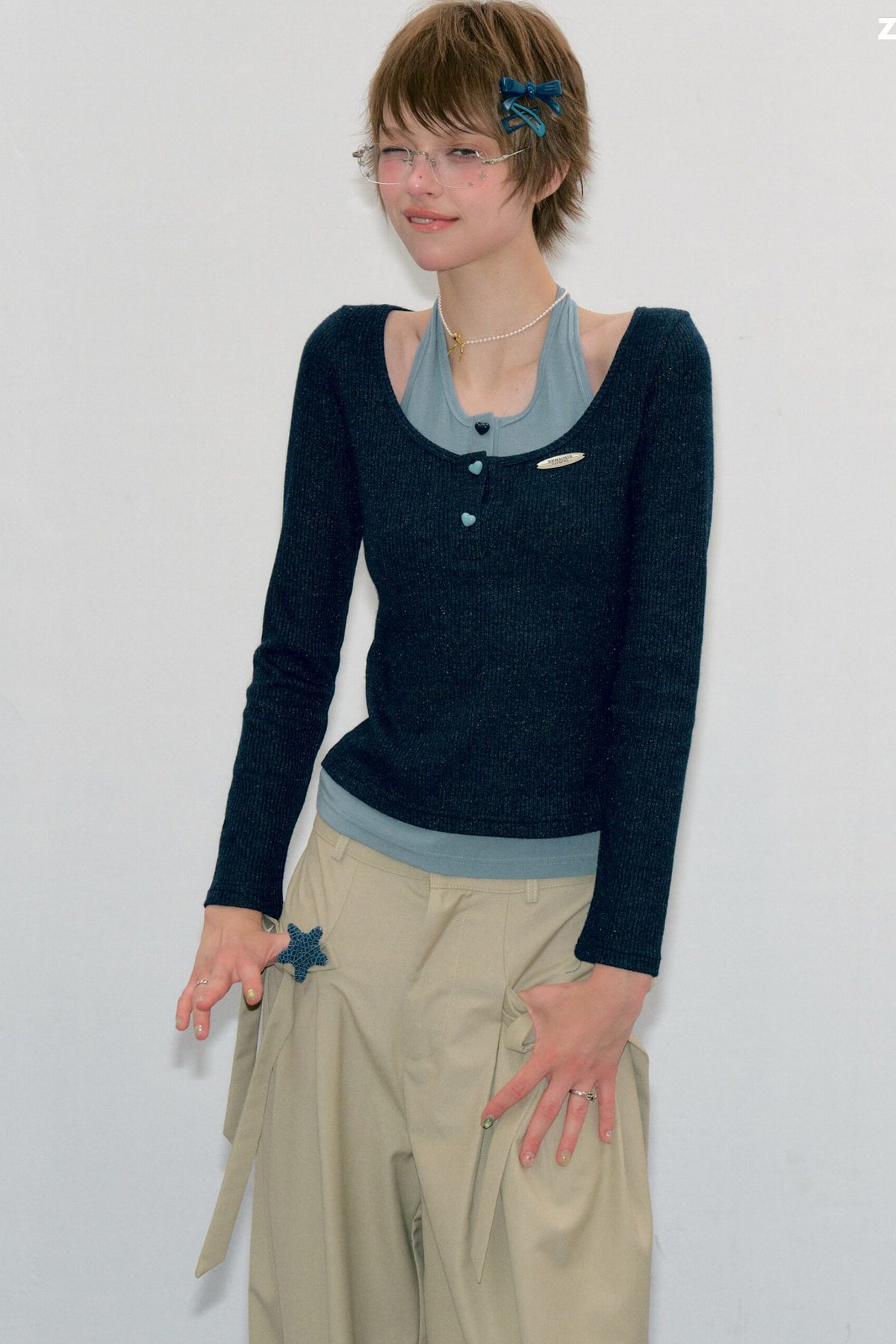 Layered-Look Long Sleeve Knit Top