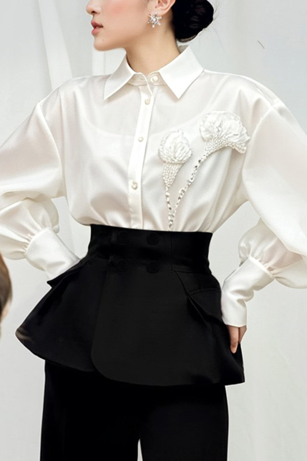 Satin Puff Sleeve Ruffle Blouse