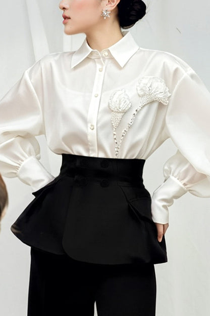 Satin Puff Sleeve Ruffle Blouse
