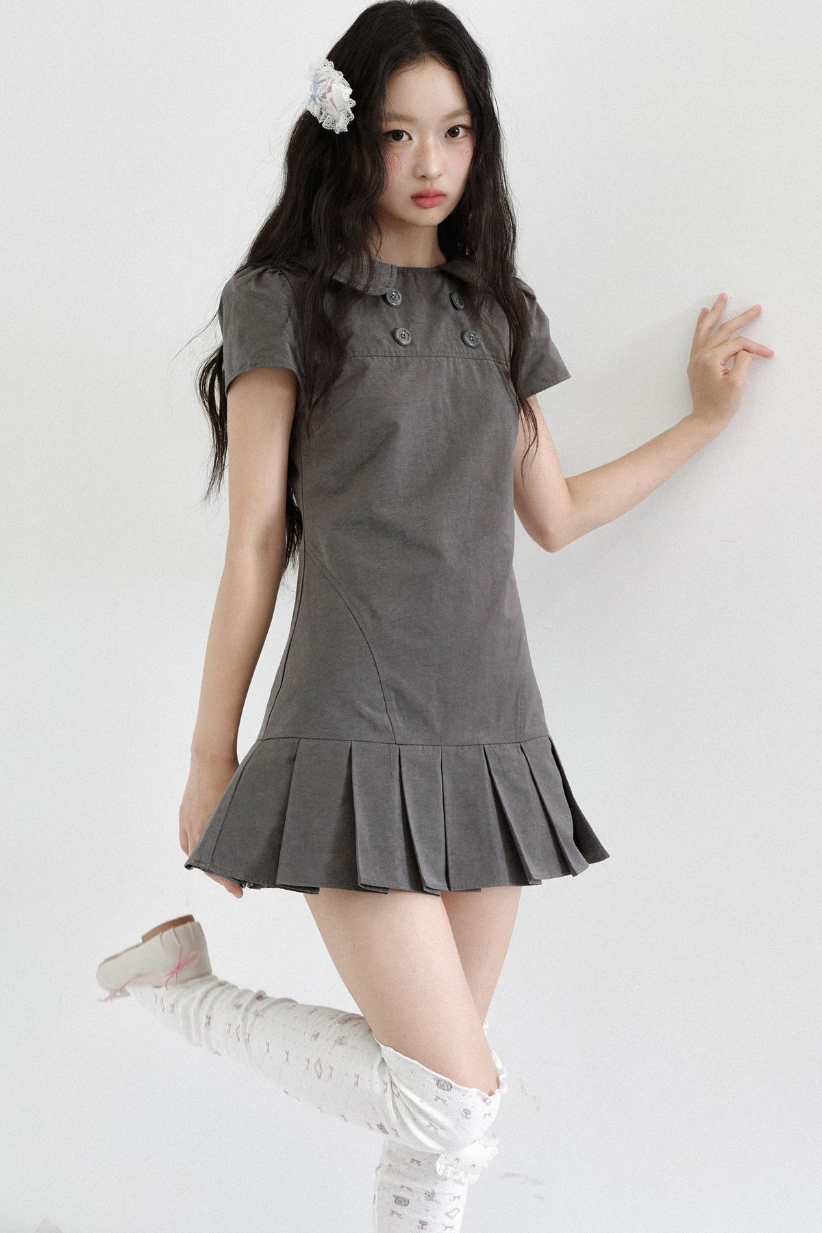Gray Low-Waist Double-Breasted Patchwork Pleated Dress
