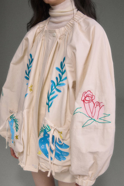 Loose Birds Olive Floral Embroidered Drawstring Jacket