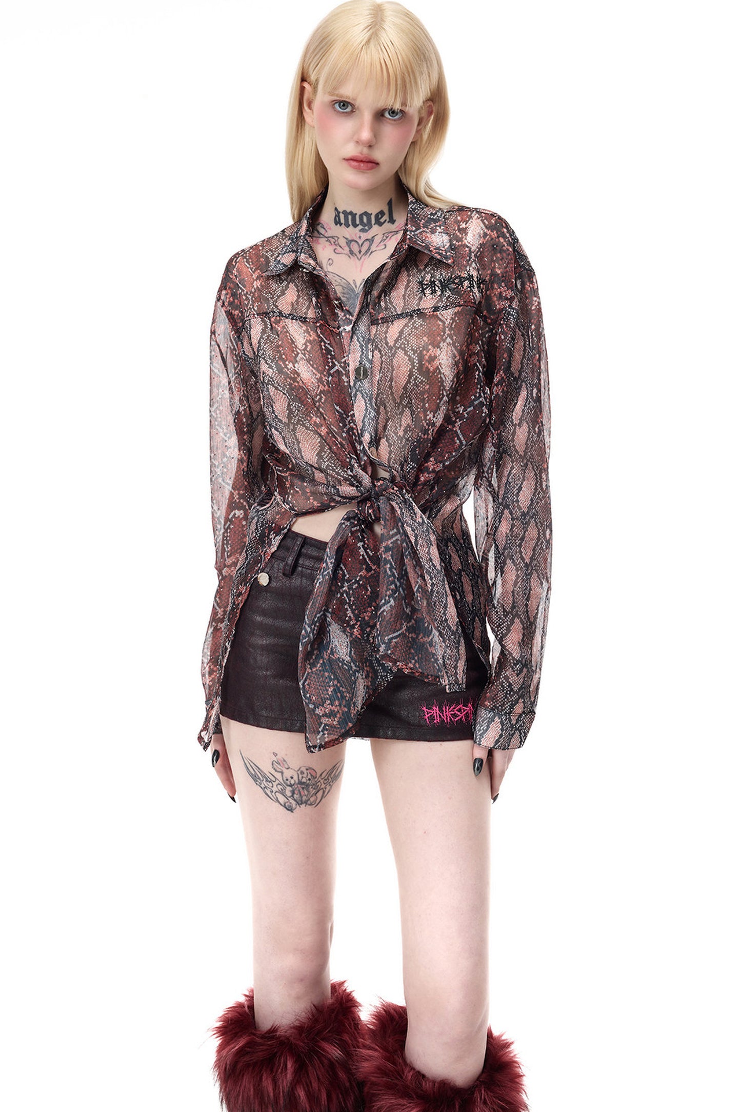 Leopard Rhinestone Mesh Blouse Set