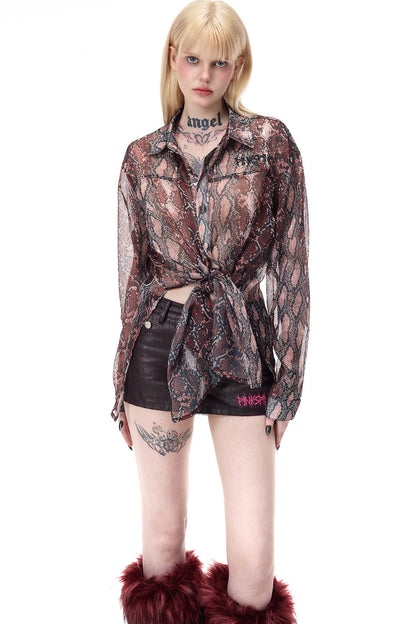 Leopard Rhinestone Mesh Blouse Set