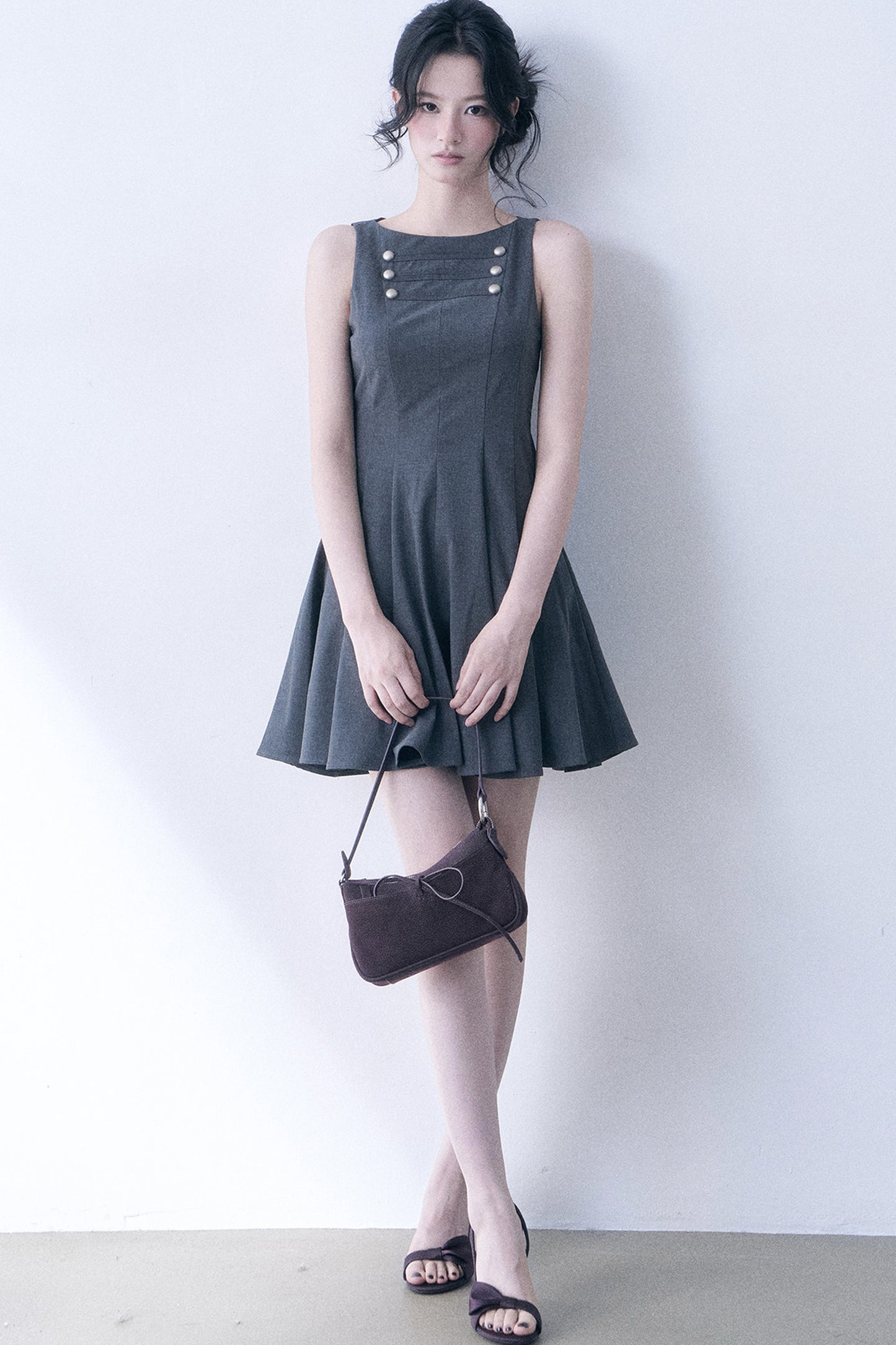 Decorative Button Sleeveless Flared Dress