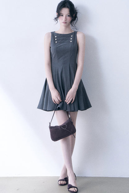 Decorative Button Sleeveless Flared Dress