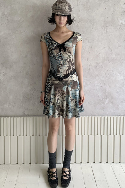 Sea Blue Leopard Floral Lace Dress