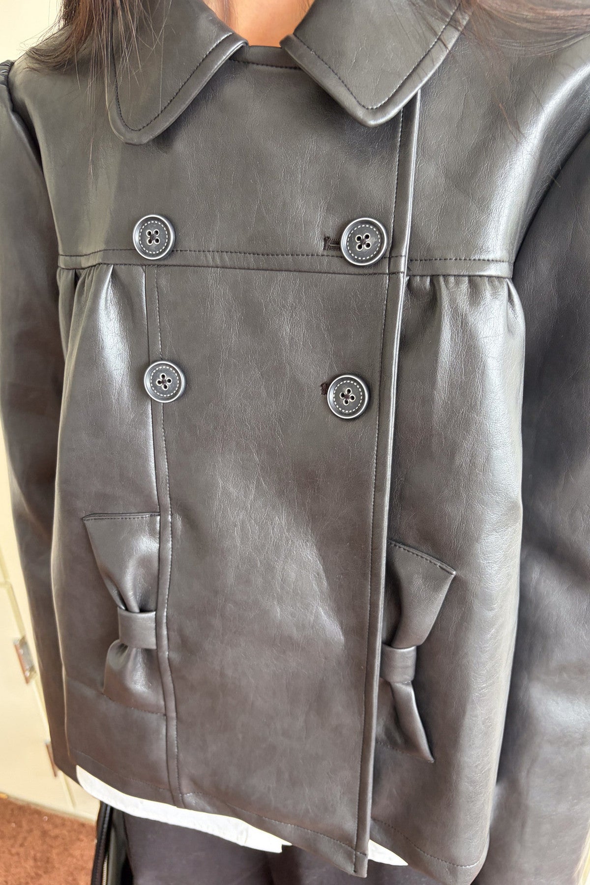 Double-Breasted Bow Pocket Leather Jacket
