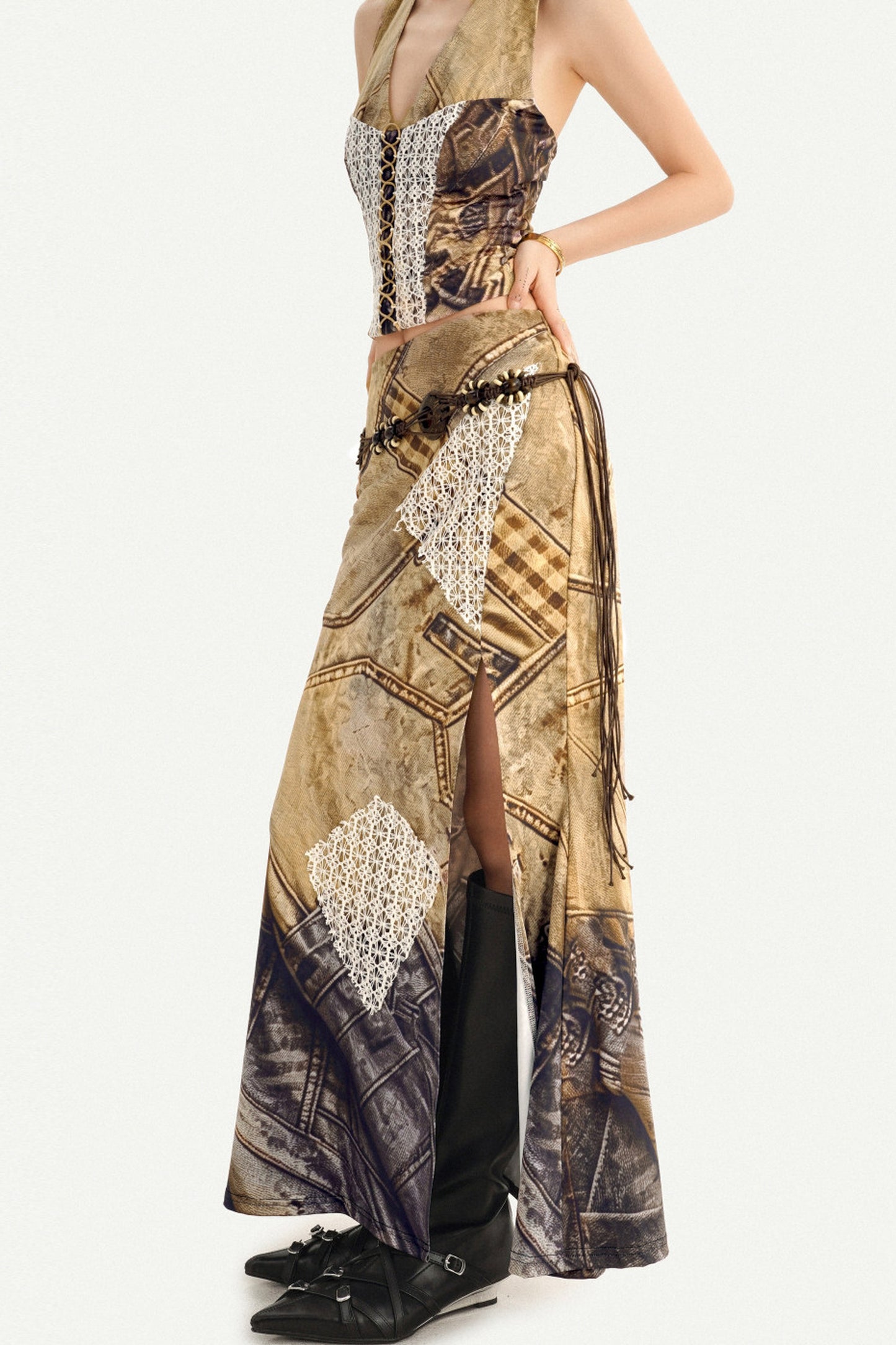 Wasteland Patchwork Lace Halter Top and Skirt Set-Up