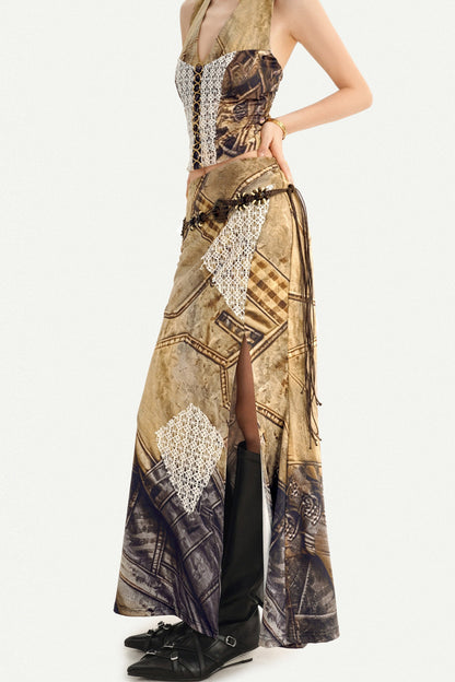Wasteland Patchwork Lace Halter Top and Skirt Set-Up