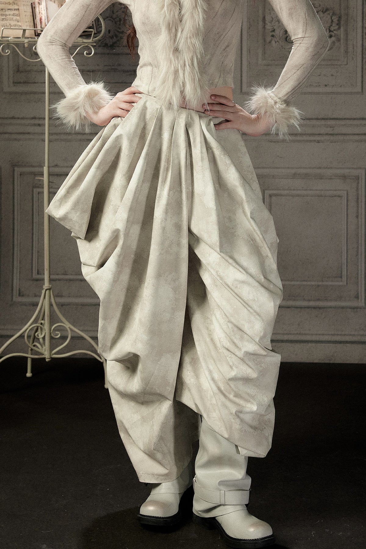 Beige Asymmetrical Stacked Long Pants