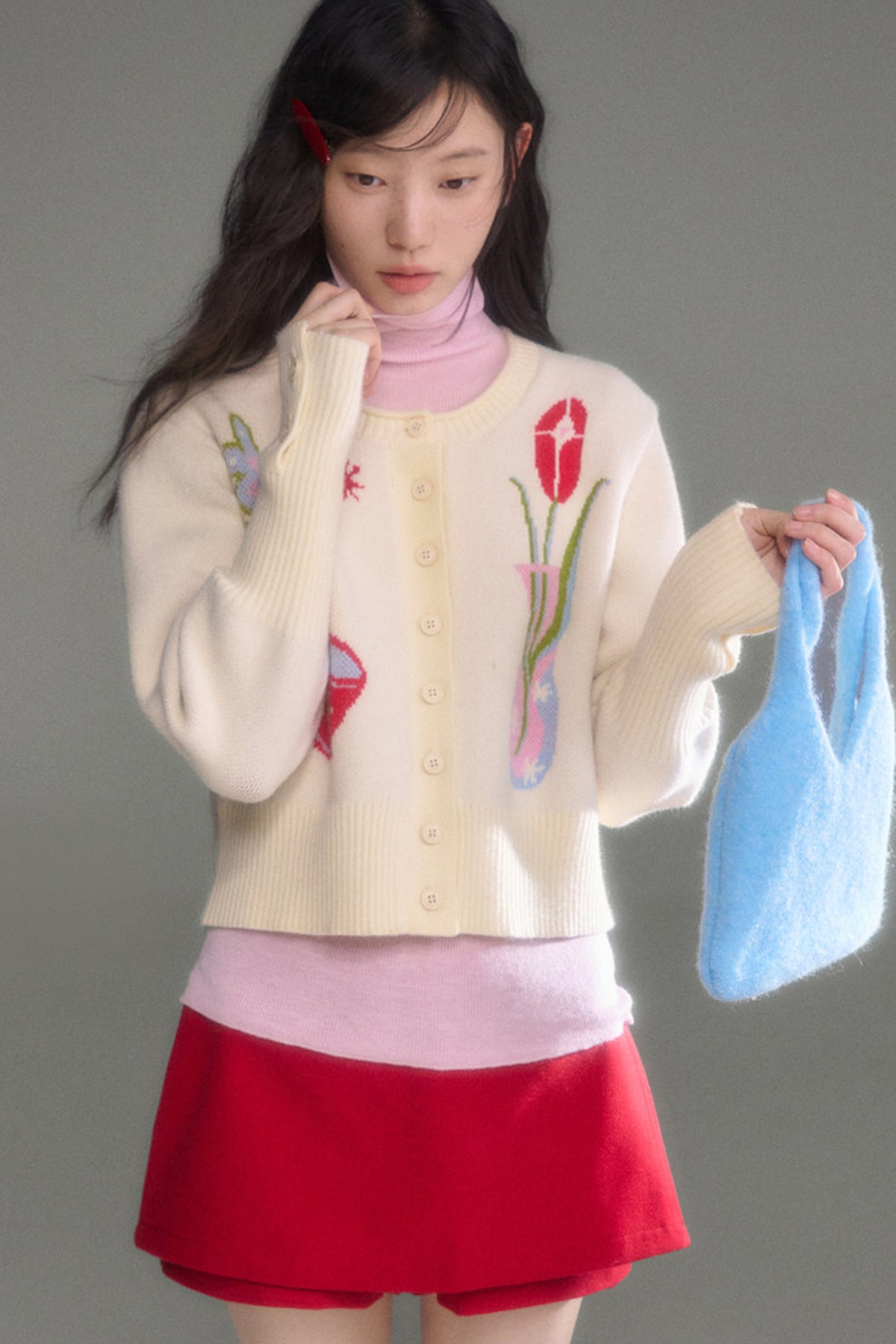 Tulip Bird Jacquard Knit Cardigan