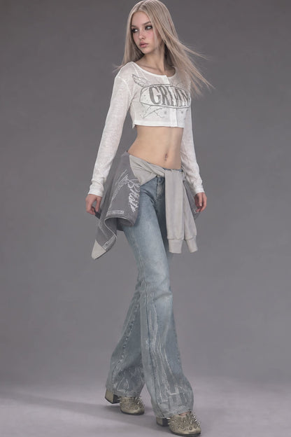 Low-Waisted Rhinestone Flared Jeans