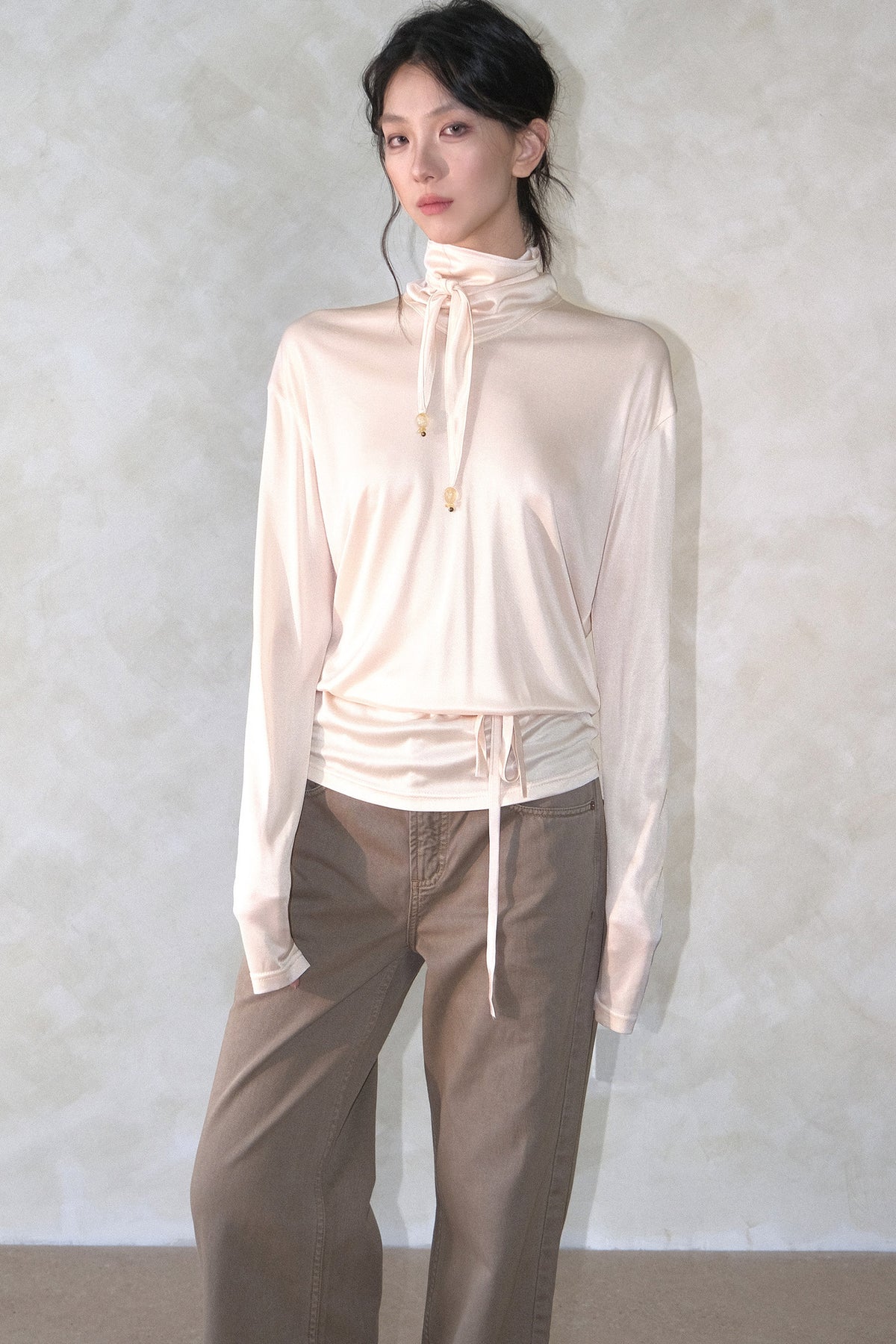 Acetate Knit High Neck Scarf Tie Top