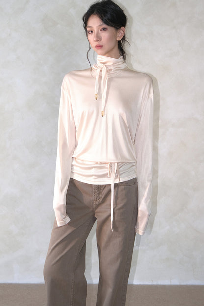 Acetate Knit High Neck Scarf Tie Top