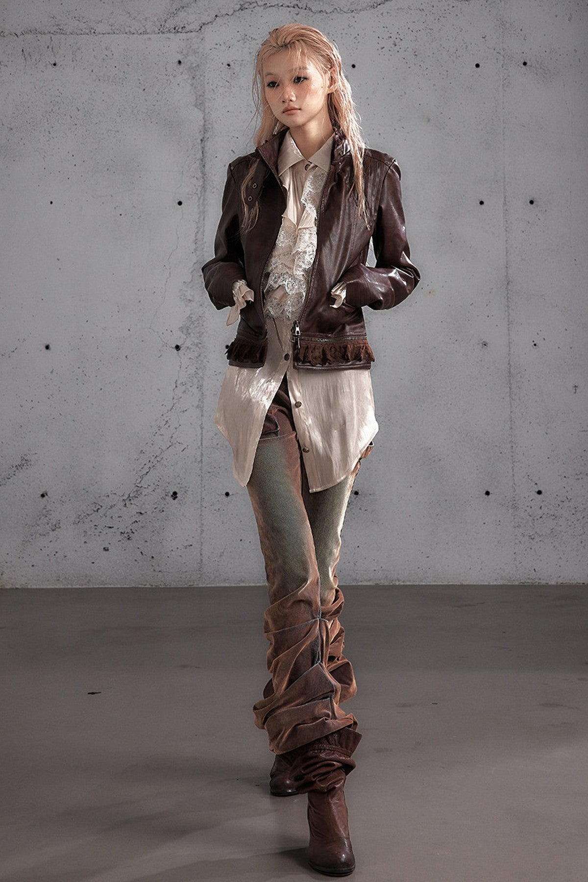 Punk Flocked Ruched Low-Waist Curved Leg Jeans
