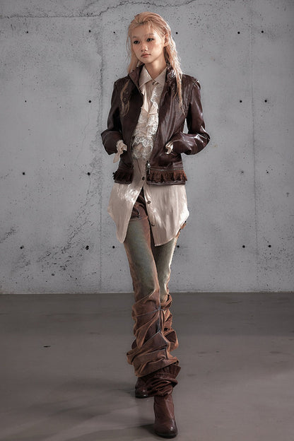 Punk Flocked Ruched Low-Waist Curved Leg Jeans
