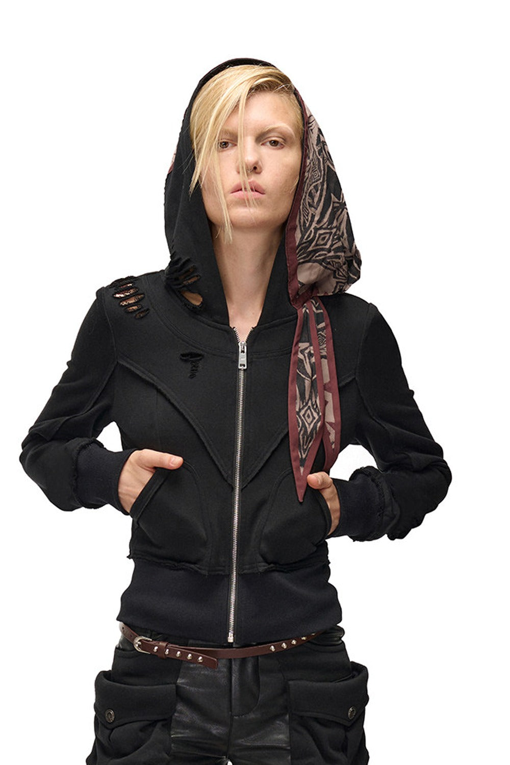 Lagenlook-Schal-Patchwork-Kapuzenjacke im Used-Look aus Sweatshirtstoff