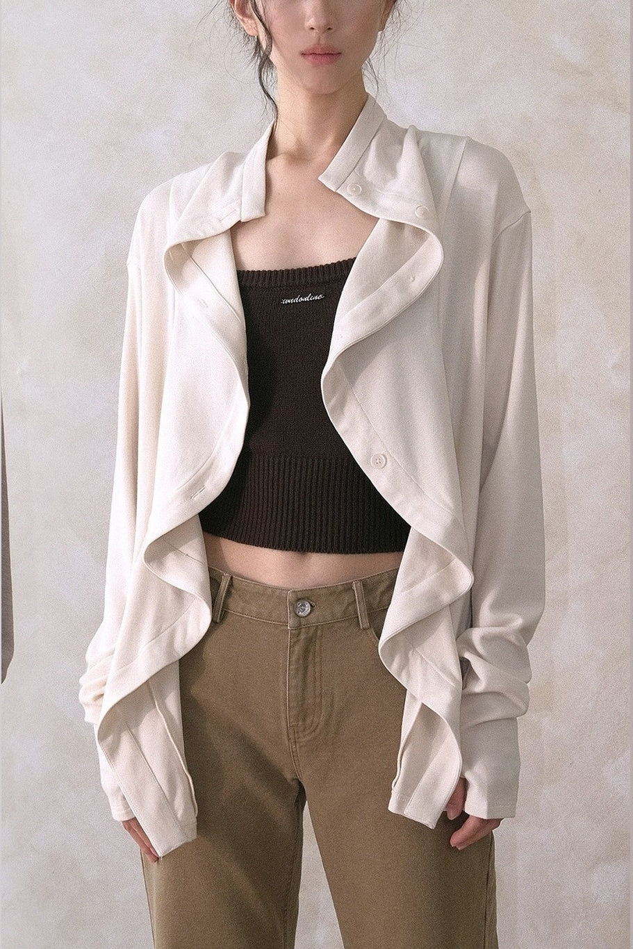Wave-Front Lace-Up Knit Cardigan