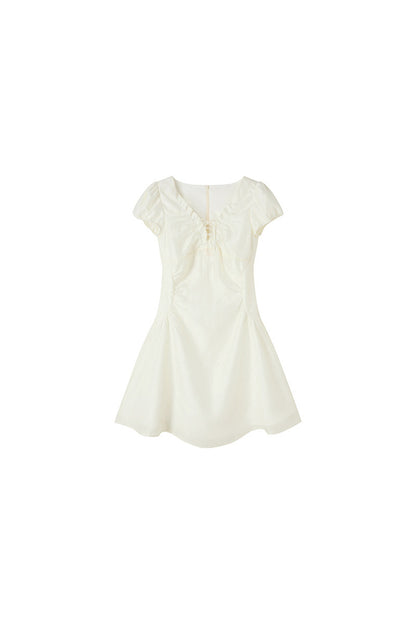White Ruched V-Neck Short Dress