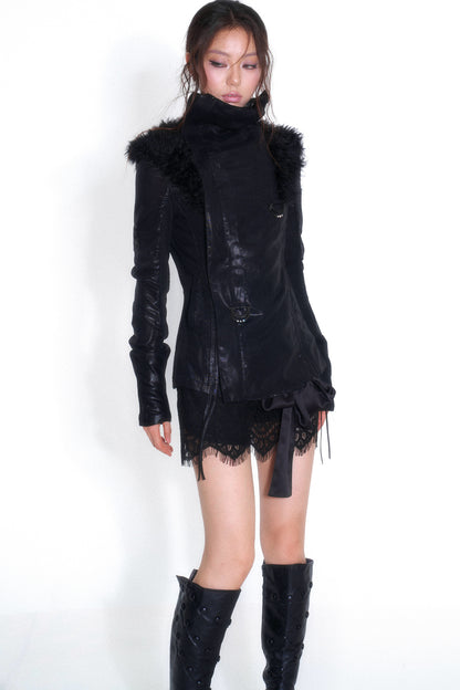 Spliced Fur Collar Scimitar Sleeve Top
