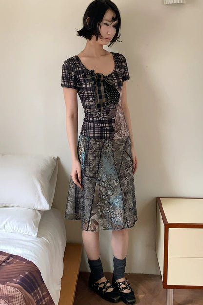 Asymmetrical Plaid Leopard Floral Midi Skirt