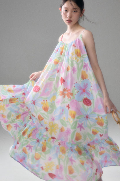 Hand-Painted Watercolor Flower Print Strap Dress