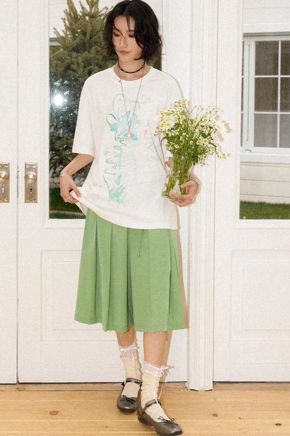 Mid-Length A-Line Pleated Skirt Pants