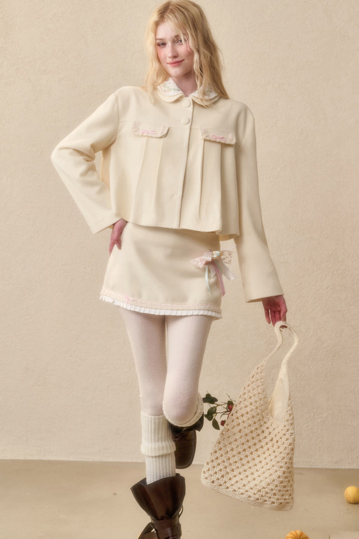 Strawberry Ribbon Tie Embroidered Top and Skirt Set-Up
