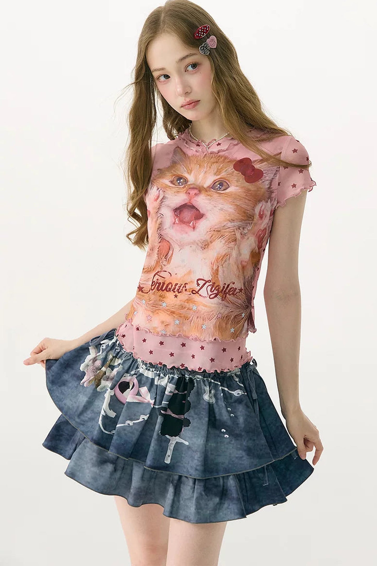 Retro Pink Cat Star Mesh T-Shirt